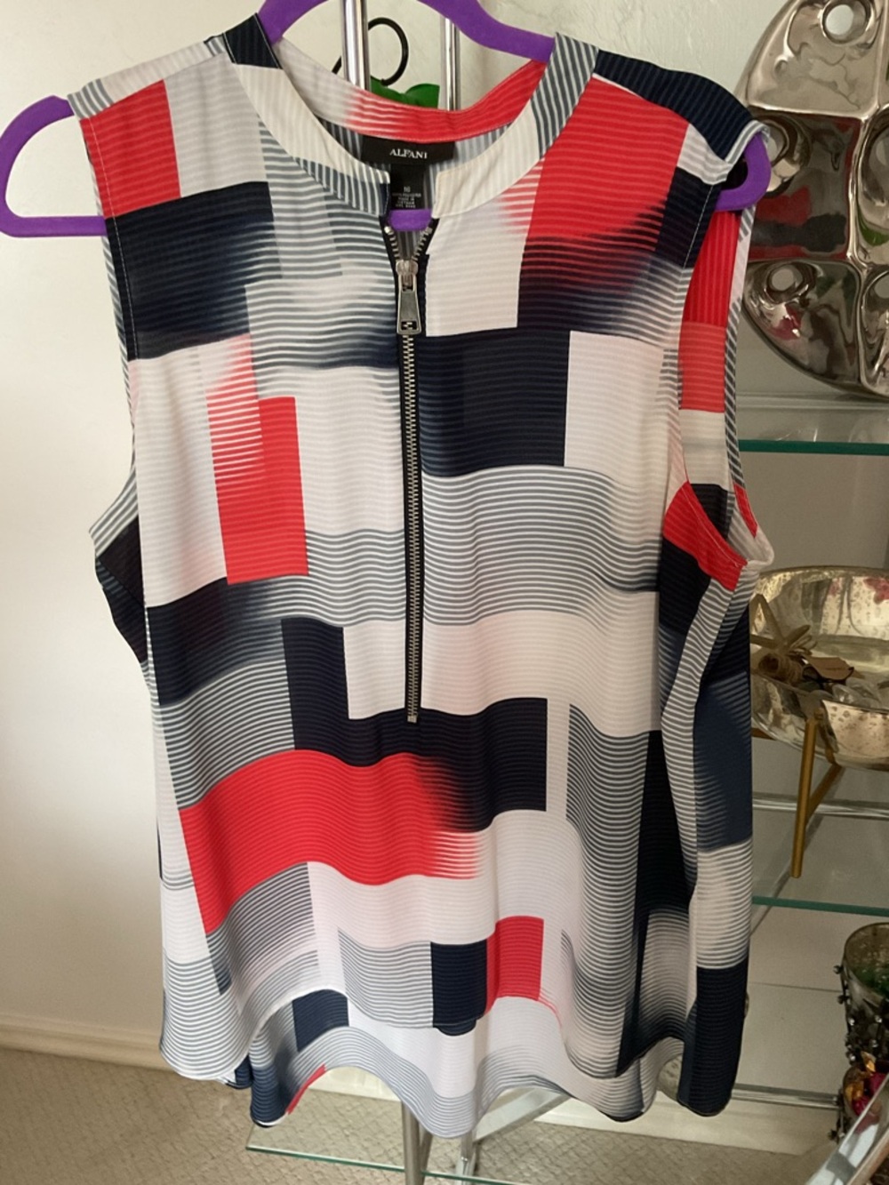 Alfani Sleeveless Zip-Front Geometric Print Tank in Red, Navy & White